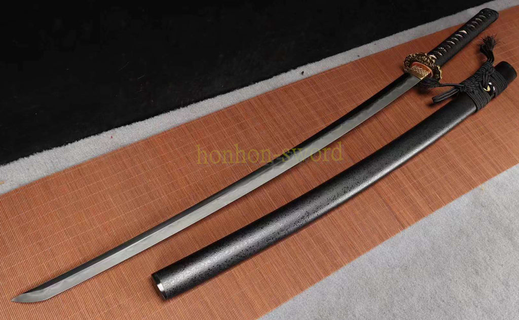 Japanisches Samurai-Schwert Katana aus schwarzem gefaltetem Stahl, Full Tang, handgefertigt, scharfe Klinge, schwarz 