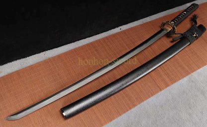 Japanisches Samurai-Schwert Katana aus schwarzem gefaltetem Stahl, Full Tang, handgefertigt, scharfe Klinge, schwarz 