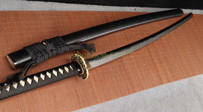 Japanisches Samurai-Schwert Katana aus schwarzem gefaltetem Stahl, Full Tang, handgefertigt, scharfe Klinge, schwarz 