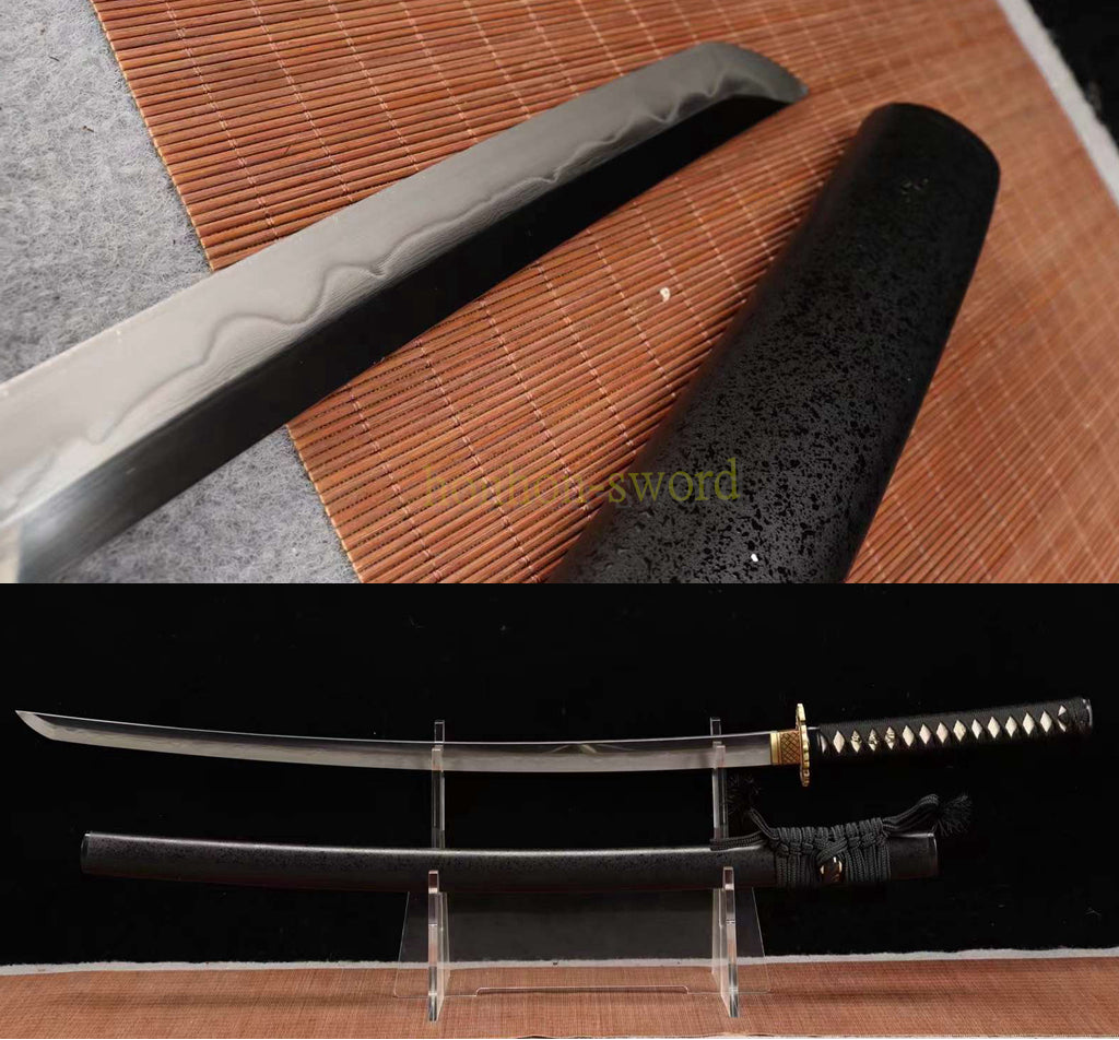 Japanisches Samurai-Schwert Katana aus schwarzem gefaltetem Stahl, Full Tang, handgefertigt, scharfe Klinge, schwarz 