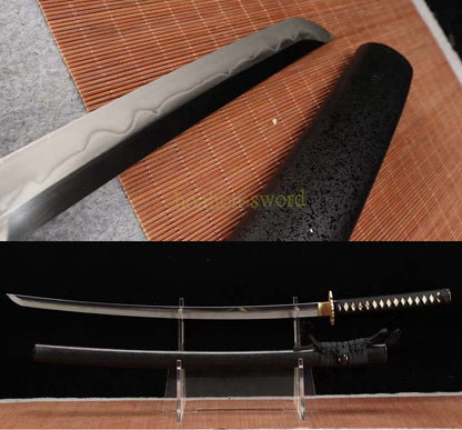 Japanisches Samurai-Schwert Katana aus schwarzem gefaltetem Stahl, Full Tang, handgefertigt, scharfe Klinge, schwarz 