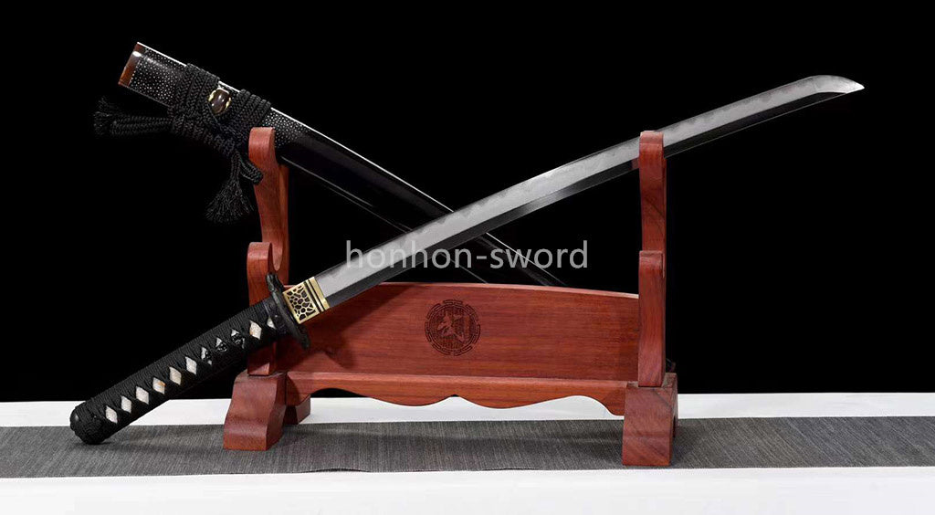 Épée de samouraï japonaise en acier plié noir, katana, lame tranchante faite à la main, noire 