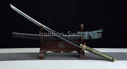 1095 Kohlenstoffstahl Katana Blaue Klinge Japanisches Samurai-Schwert Full Tang Schwarz 
