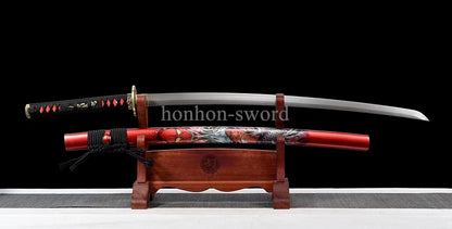 Japanisches Samurai-Schwert Katana aus schwarzem gefaltetem Stahl, Full Tang, handgefertigt, scharfe Klinge, schwarz 