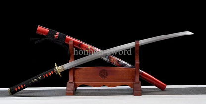 Japanisches Samurai-Schwert Katana aus schwarzem gefaltetem Stahl, Full Tang, handgefertigt, scharfe Klinge, schwarz 