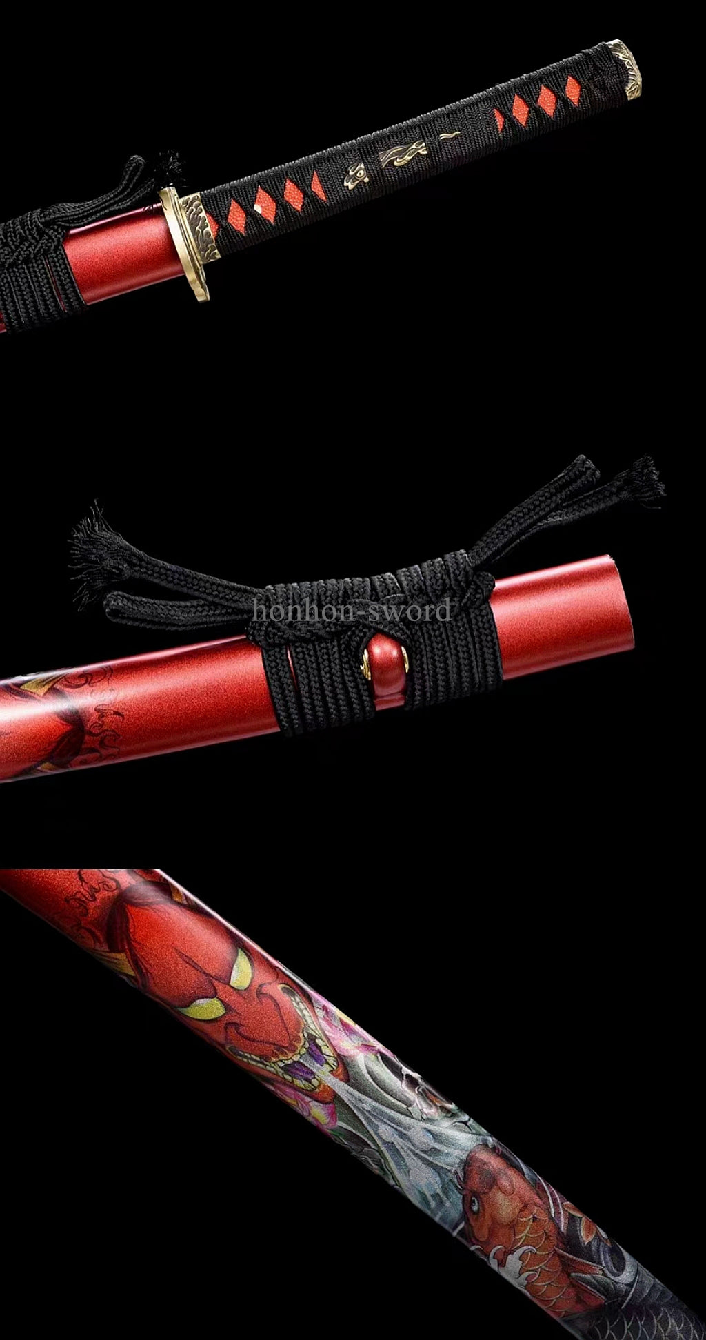 Japanisches Samurai-Schwert Katana aus schwarzem gefaltetem Stahl, Full Tang, handgefertigt, scharfe Klinge, schwarz 