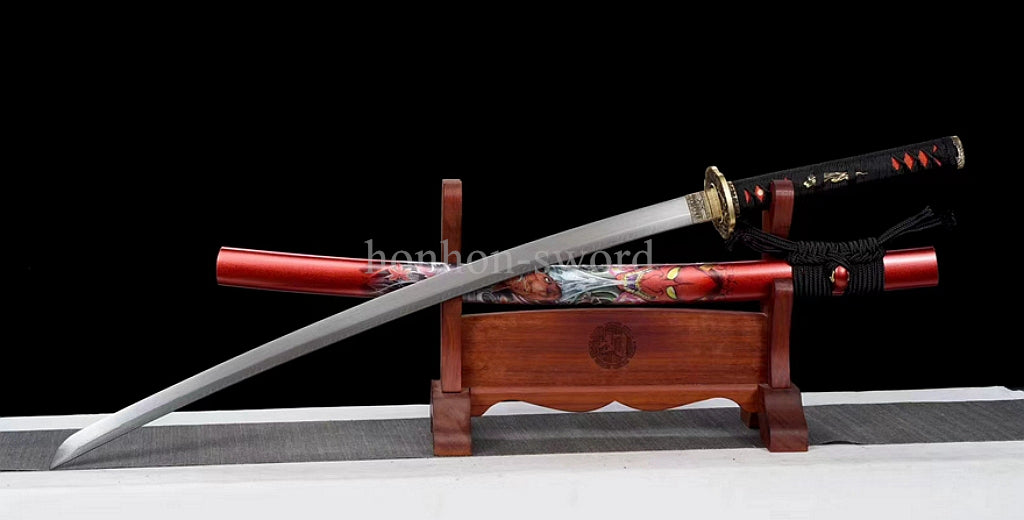 Japanisches Samurai-Schwert Katana aus schwarzem gefaltetem Stahl, Full Tang, handgefertigt, scharfe Klinge, schwarz 
