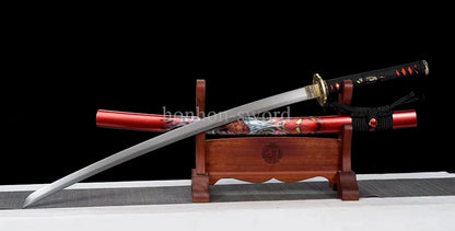 Japanisches Samurai-Schwert Katana aus schwarzem gefaltetem Stahl, Full Tang, handgefertigt, scharfe Klinge, schwarz 
