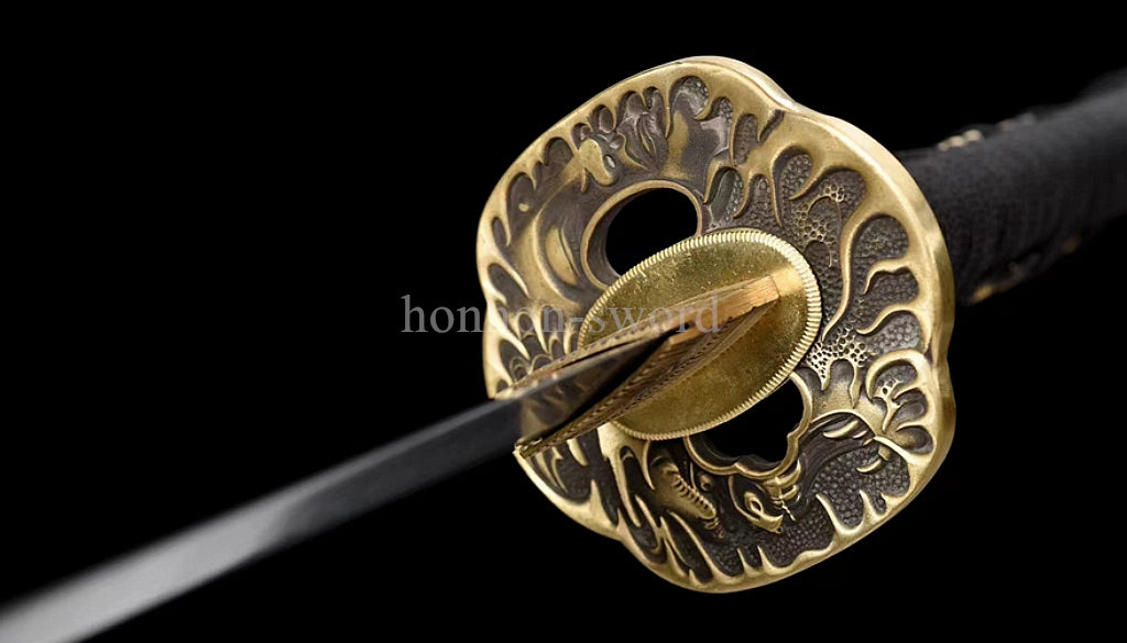 Japanisches Samurai-Schwert Katana aus schwarzem gefaltetem Stahl, Full Tang, handgefertigt, scharfe Klinge, schwarz 