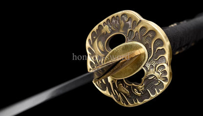 Japanisches Samurai-Schwert Katana aus schwarzem gefaltetem Stahl, Full Tang, handgefertigt, scharfe Klinge, schwarz 