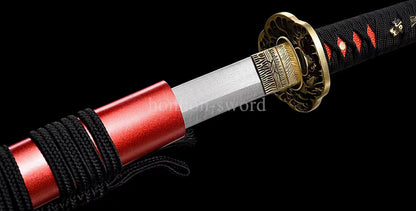 Japanisches Samurai-Schwert Katana aus schwarzem gefaltetem Stahl, Full Tang, handgefertigt, scharfe Klinge, schwarz 