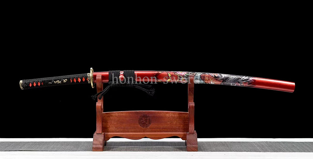 Japanisches Samurai-Schwert Katana aus schwarzem gefaltetem Stahl, Full Tang, handgefertigt, scharfe Klinge, schwarz 