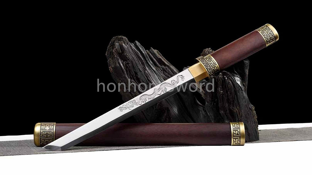 12''Chinese Tang Dynasty Dao 唐刀 9260 Spring Steel Carved Dragon Blade Mini Sword