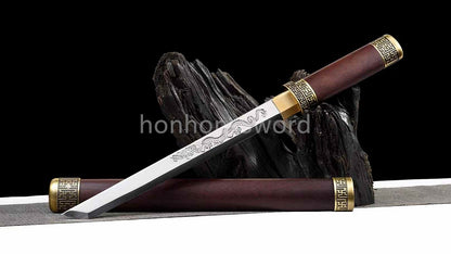 12''Chinese Tang Dynasty Dao 唐刀 9260 Spring Steel Carved Dragon Blade Mini Sword