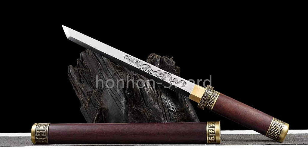 12''Chinese Tang Dynasty Dao 唐刀 9260 Spring Steel Carved Dragon Blade Mini Sword