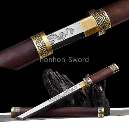 12''Chinese Tang Dynasty Dao 唐刀 9260 Spring Steel Carved Dragon Blade Mini Sword