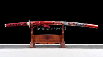 Japanese Katana 9260 Spring Steel Red Painting Sheath Samurai Sword Battle Ready