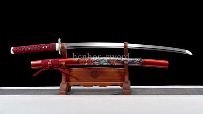Japanese Katana 9260 Spring Steel Red Painting Sheath Samurai Sword Battle Ready