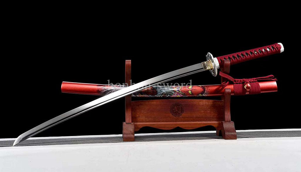 Japanese Katana 9260 Spring Steel Red Painting Sheath Samurai Sword Battle Ready
