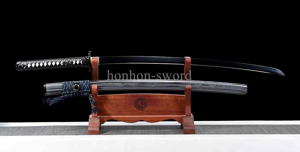 9260 Spring Steel Japanese Katana Black Blade Leather Rope Samurai Sword Full Tang.
