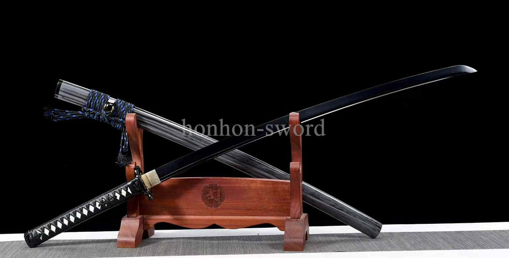 9260 Spring Steel Japanese Katana Black Blade Leather Rope Samurai Sword Full Tang.
