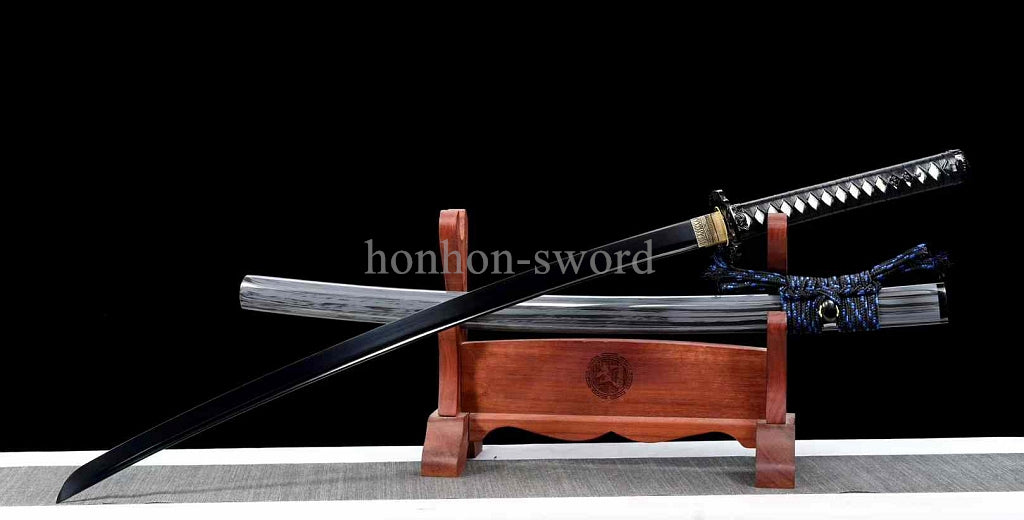 9260 Spring Steel Japanese Katana Black Blade Leather Rope Samurai Sword Full Tang.