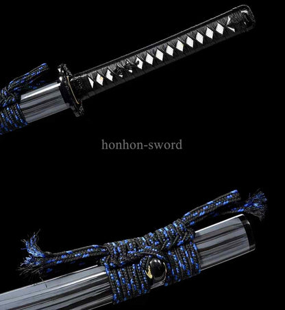 9260 Spring Steel Japanese Katana Black Blade Leather Rope Samurai Sword Full Tang.