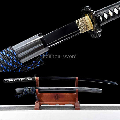9260 Spring Steel Japanese Katana Black Blade Leather Rope Samurai Sword Full Tang.