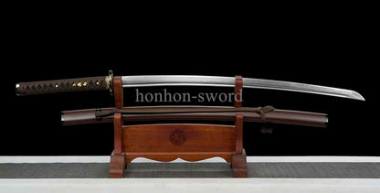 Japanisches Samurai-Schwert Katana aus schwarzem gefaltetem Stahl, Full Tang, handgefertigt, scharfe Klinge, schwarz 