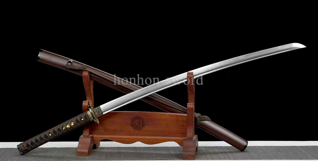 Japanisches Samurai-Schwert Katana aus schwarzem gefaltetem Stahl, Full Tang, handgefertigt, scharfe Klinge, schwarz 