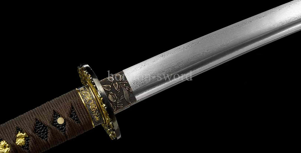 Japanisches Samurai-Schwert Katana aus schwarzem gefaltetem Stahl, Full Tang, handgefertigt, scharfe Klinge, schwarz 
