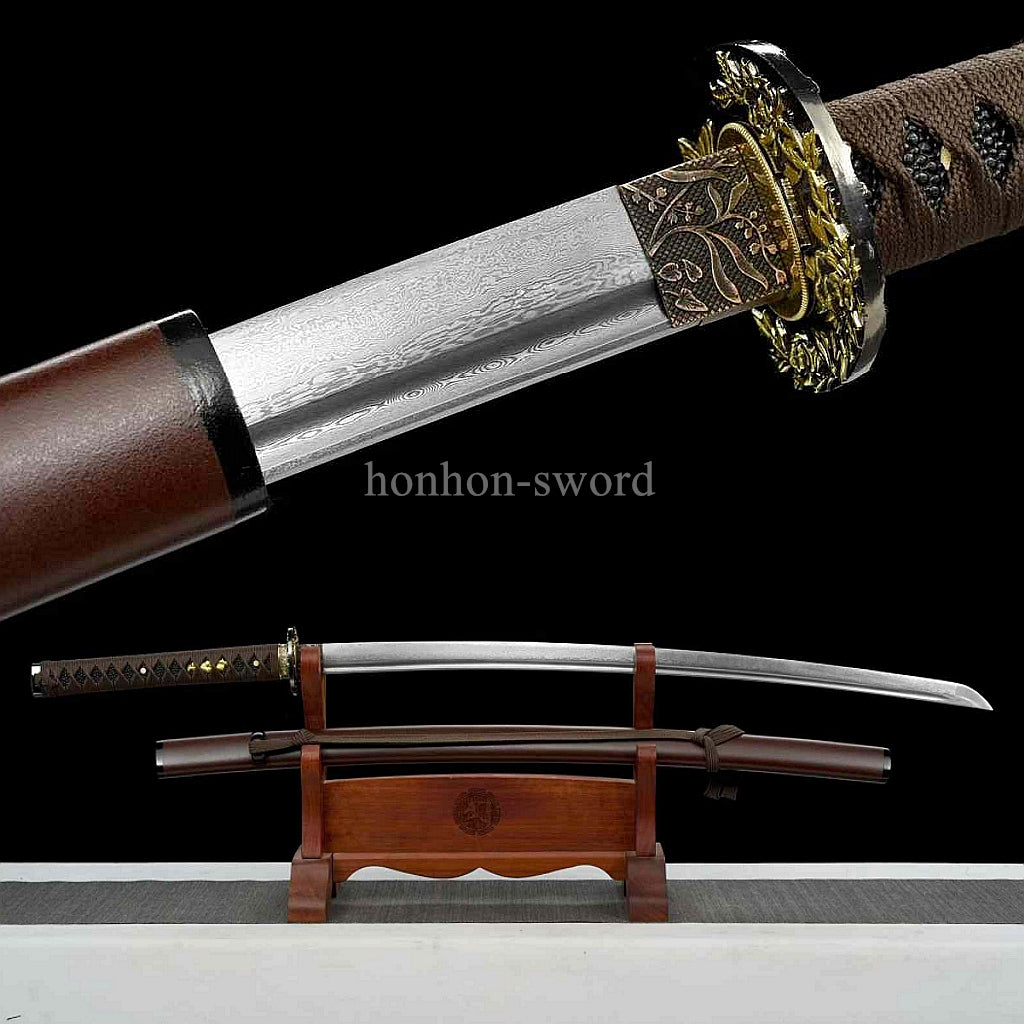 Japanisches Samurai-Schwert Katana aus schwarzem gefaltetem Stahl, Full Tang, handgefertigt, scharfe Klinge, schwarz 