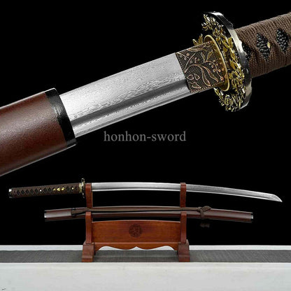 Japanisches Samurai-Schwert Katana aus schwarzem gefaltetem Stahl, Full Tang, handgefertigt, scharfe Klinge, schwarz 