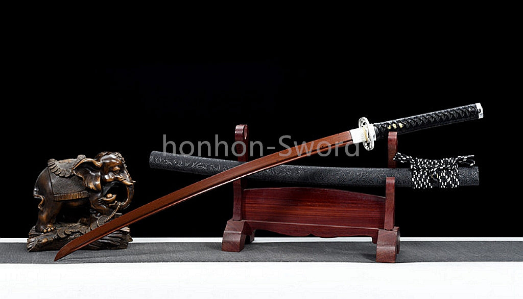 Damascus Folded Steel Katana Red Blade Japanese Samurai Sword Battle Full Tang Functional
