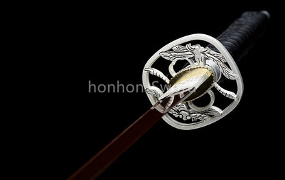 Damascus Folded Steel Katana Red Blade Japanese Samurai Sword Battle Full Tang Functional