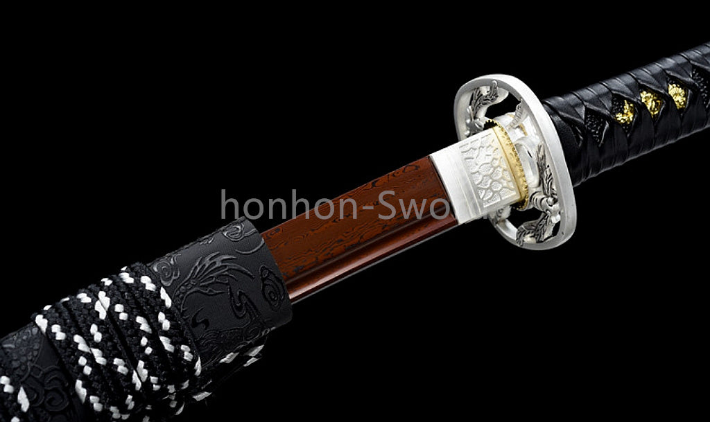 Damascus Folded Steel Katana Red Blade Japanese Samurai Sword Battle Full Tang Functional