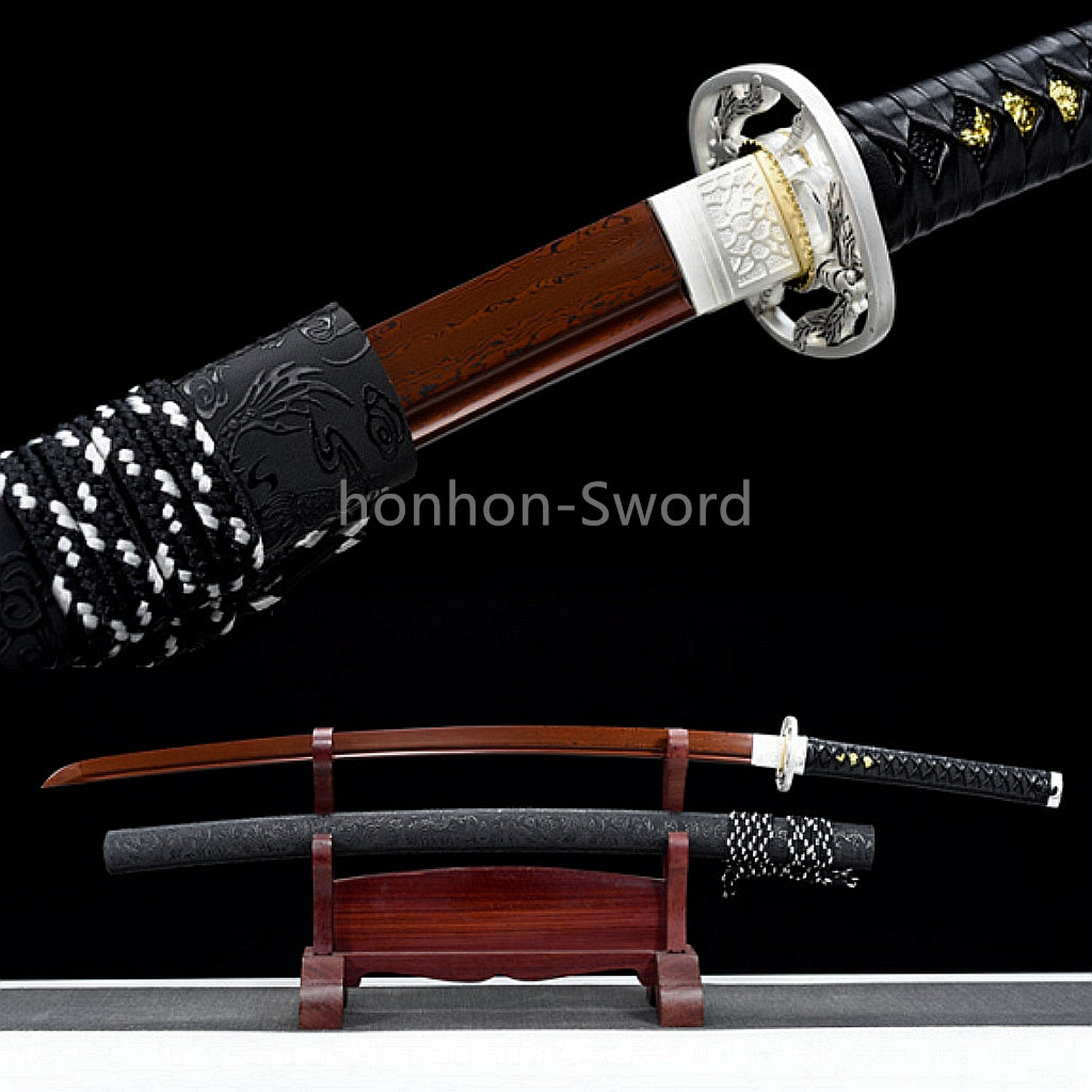 Damascus Folded Steel Katana Red Blade Japanese Samurai Sword Battle Full Tang Functional
