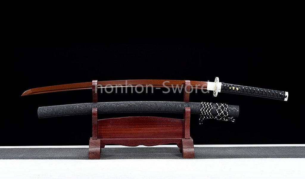 Damascus Folded Steel Katana Red Blade Japanese Samurai Sword Battle Full Tang Functional