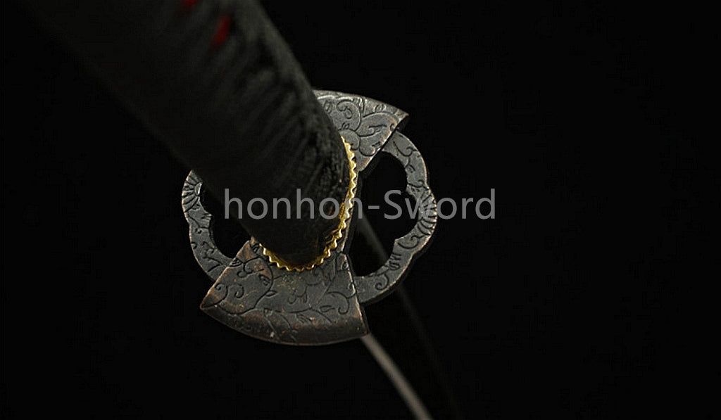 Japanisches Samurai-Schwert Katana aus schwarzem gefaltetem Stahl, Full Tang, handgefertigt, scharfe Klinge, schwarz 