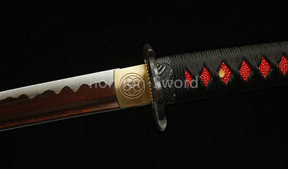 Japanisches Samurai-Schwert Katana aus schwarzem gefaltetem Stahl, Full Tang, handgefertigt, scharfe Klinge, schwarz 