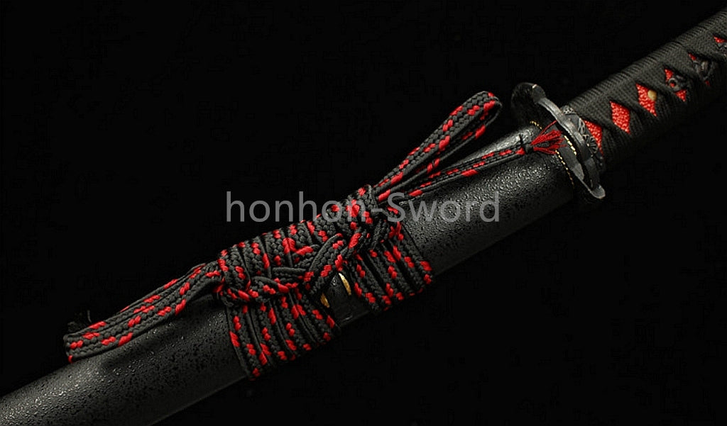 Japanisches Samurai-Schwert Katana aus schwarzem gefaltetem Stahl, Full Tang, handgefertigt, scharfe Klinge, schwarz 