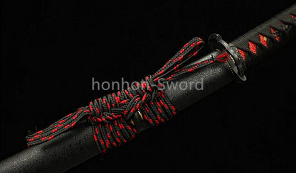 Japanisches Samurai-Schwert Katana aus schwarzem gefaltetem Stahl, Full Tang, handgefertigt, scharfe Klinge, schwarz 