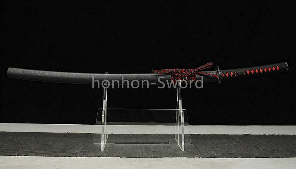Japanisches Samurai-Schwert Katana aus schwarzem gefaltetem Stahl, Full Tang, handgefertigt, scharfe Klinge, schwarz 