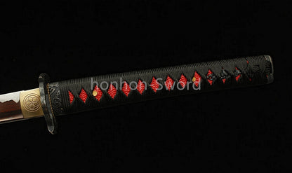 Japanisches Samurai-Schwert Katana aus schwarzem gefaltetem Stahl, Full Tang, handgefertigt, scharfe Klinge, schwarz 