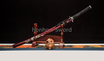 Folded Steel Japanese Katana Red Blade Dragon Tsuba Sword Full Tang Battle Ready