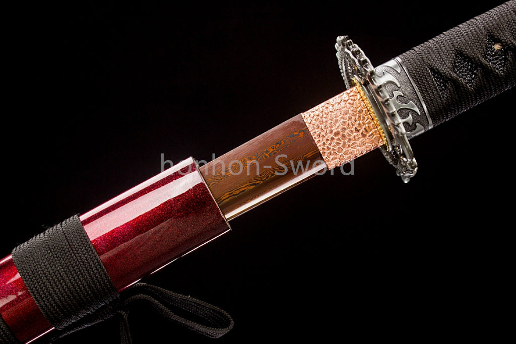 Folded Steel Japanese Katana Red Blade Dragon Tsuba Sword Full Tang Battle Ready