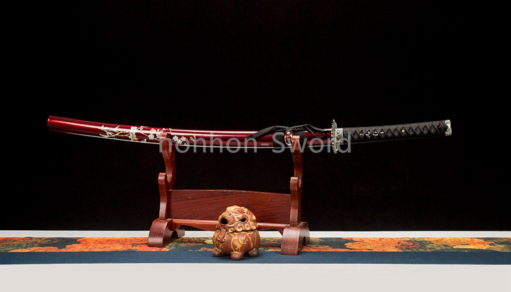 Folded Steel Japanese Katana Red Blade Dragon Tsuba Sword Full Tang Battle Ready