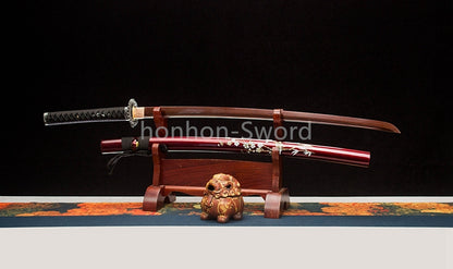 Folded Steel Japanese Katana Red Blade Dragon Tsuba Sword Full Tang Battle Ready