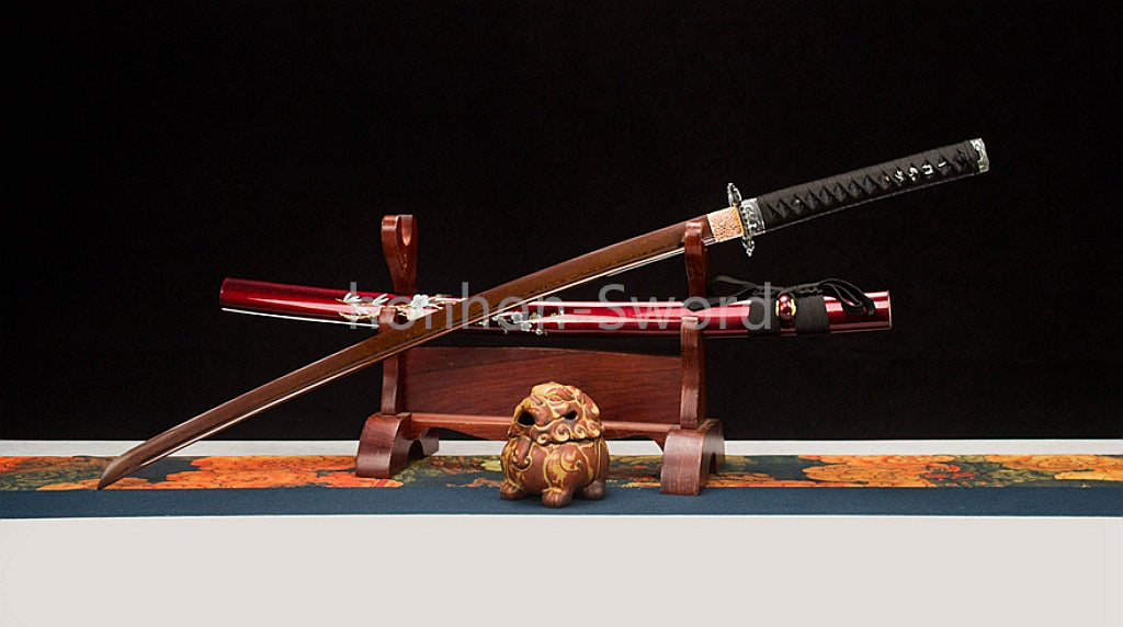 Folded Steel Japanese Katana Red Blade Dragon Tsuba Sword Full Tang Battle Ready