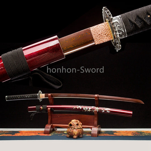 Japanisches Samurai-Schwert Katana aus schwarzem gefaltetem Stahl, Full Tang, handgefertigt, scharfe Klinge, schwarz 